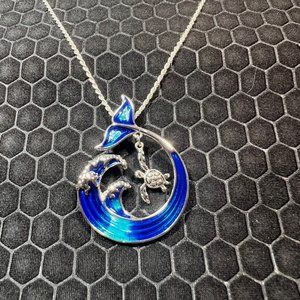 Wave and Turtle Necklace Blue and Silver-18K White Gold Plated